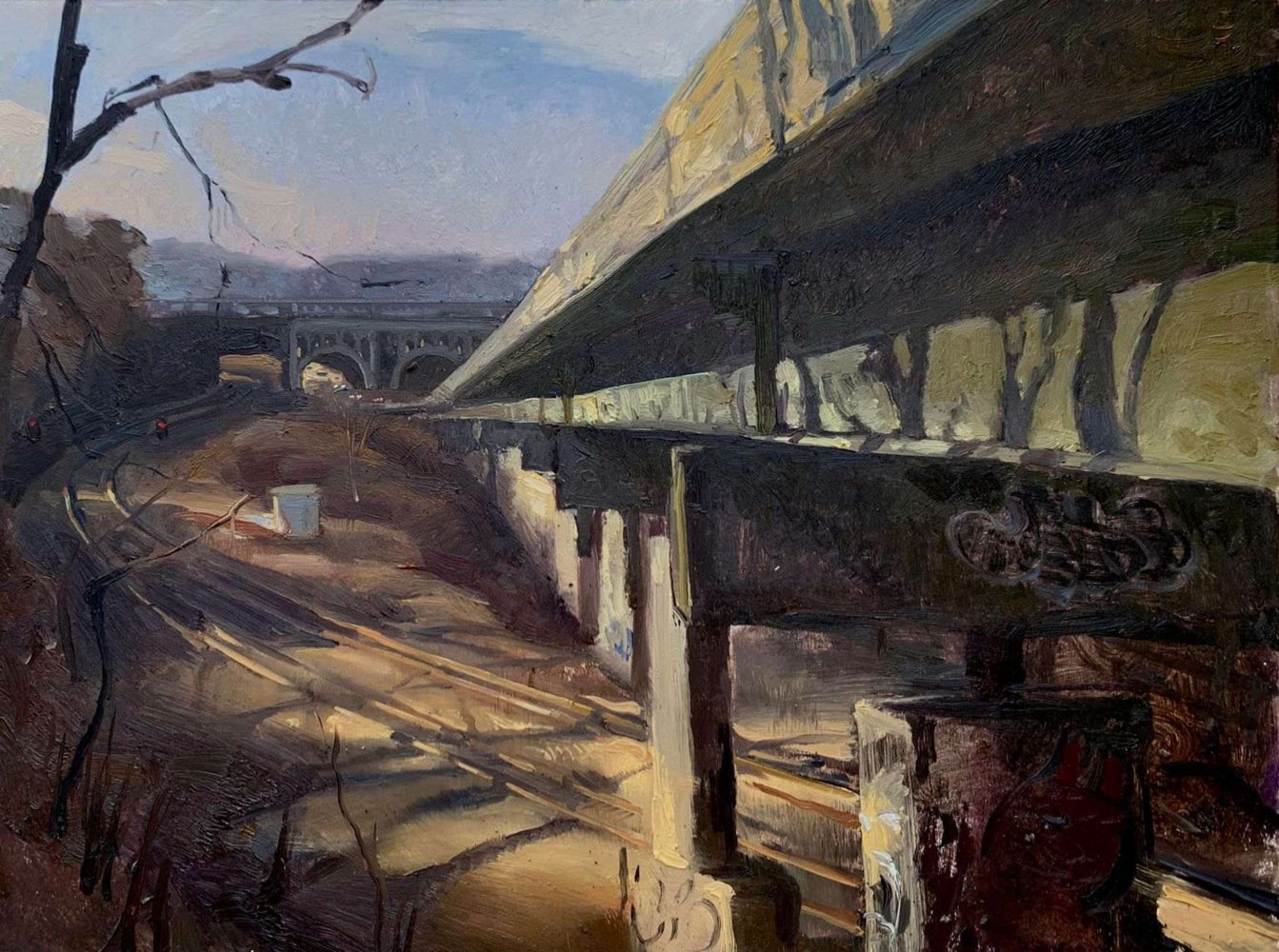 Kelly Micca, Intersection Of Two Bridges And A Railroad, 9&quot; x 12&quot;