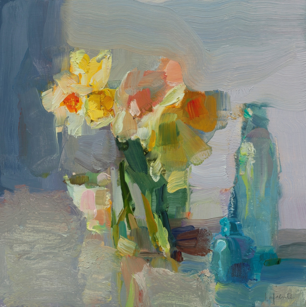 Daffodils And Blue Bottles  10" x 10"  Oil On Mounted Linen
