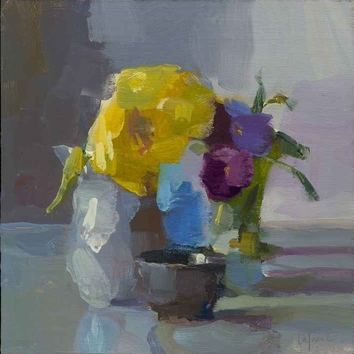 Pansies And Yellow Tulip, 10&quot; x 10&quot;