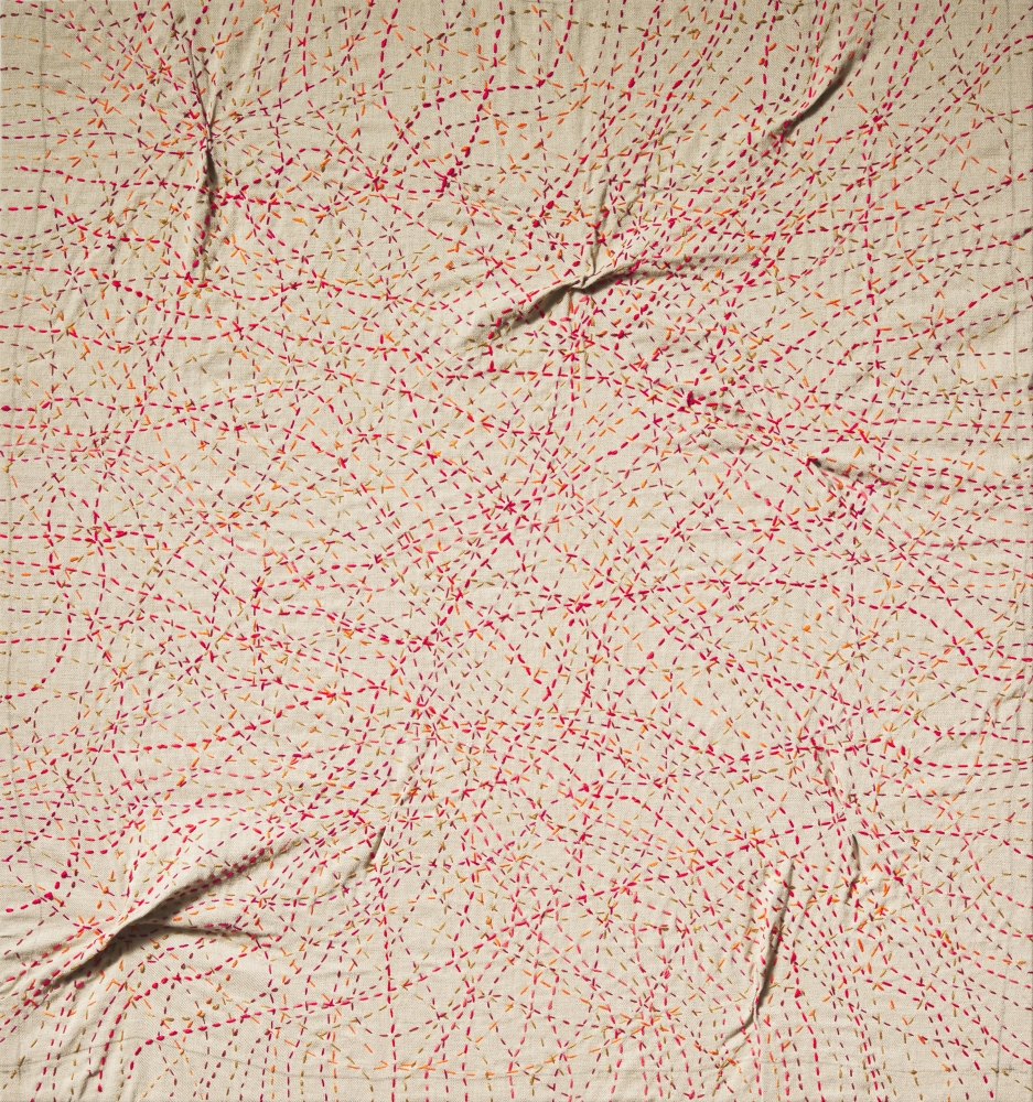 Kantha Orange  30" x 28"  Thread On Linen