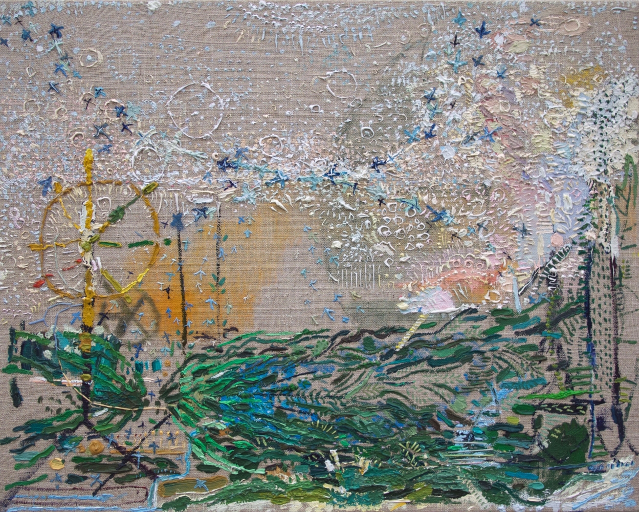 Augury In The Blue Hour  16" x 20"  Oil And Thread On Linen