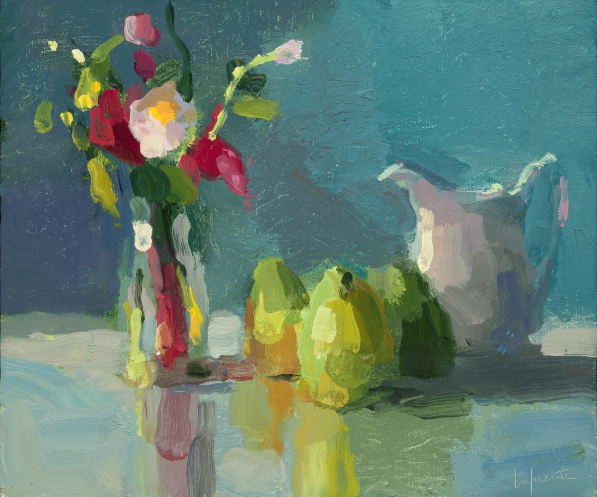 Garden Flowers, Pears, And Pitcher  10" x 12"  Oil On Mounted Linen