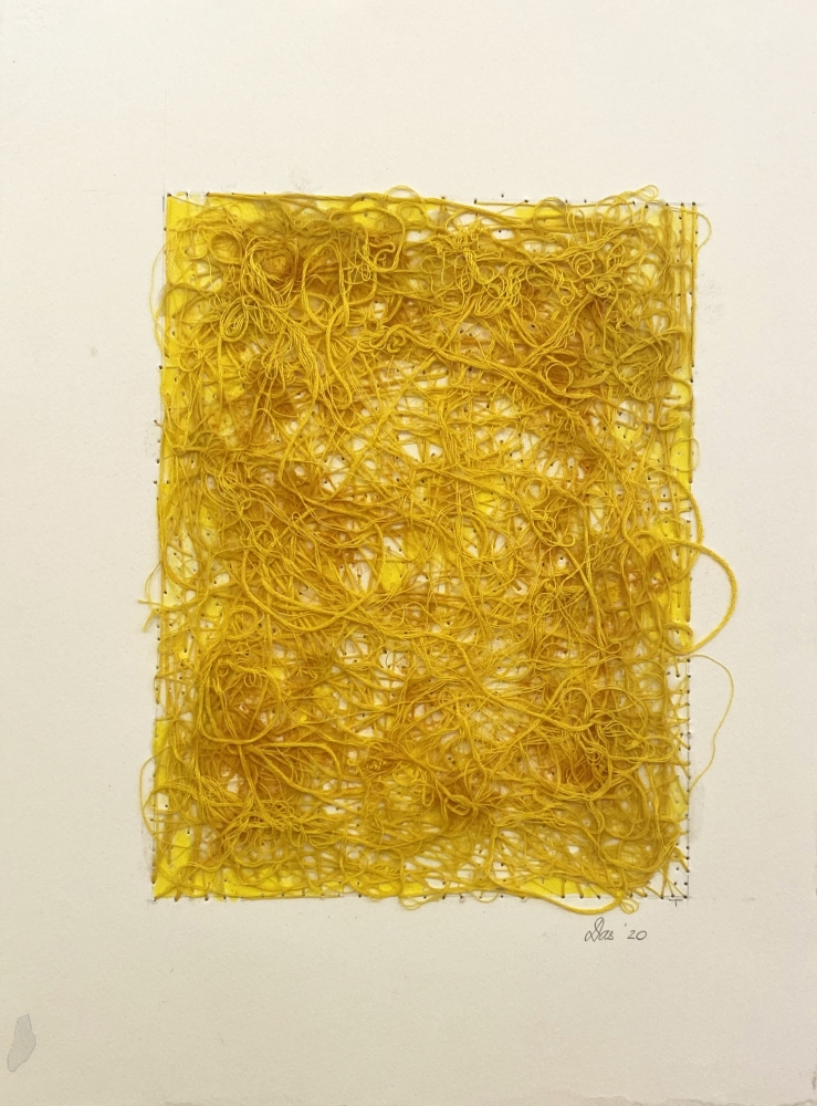 Work On Paper Yellow  15" x 11"  Watercolor, Thread, Turmeric, And Gel Medium On Paper