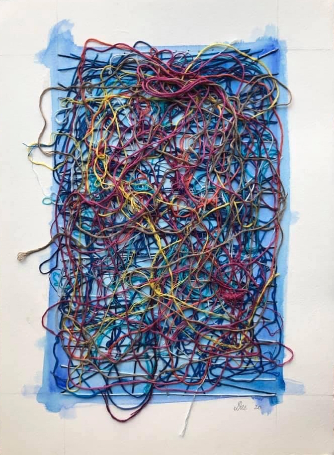 Work On Paper Blue  15" x 11"  Watercolor, Thread, And Gel Medium On Paper