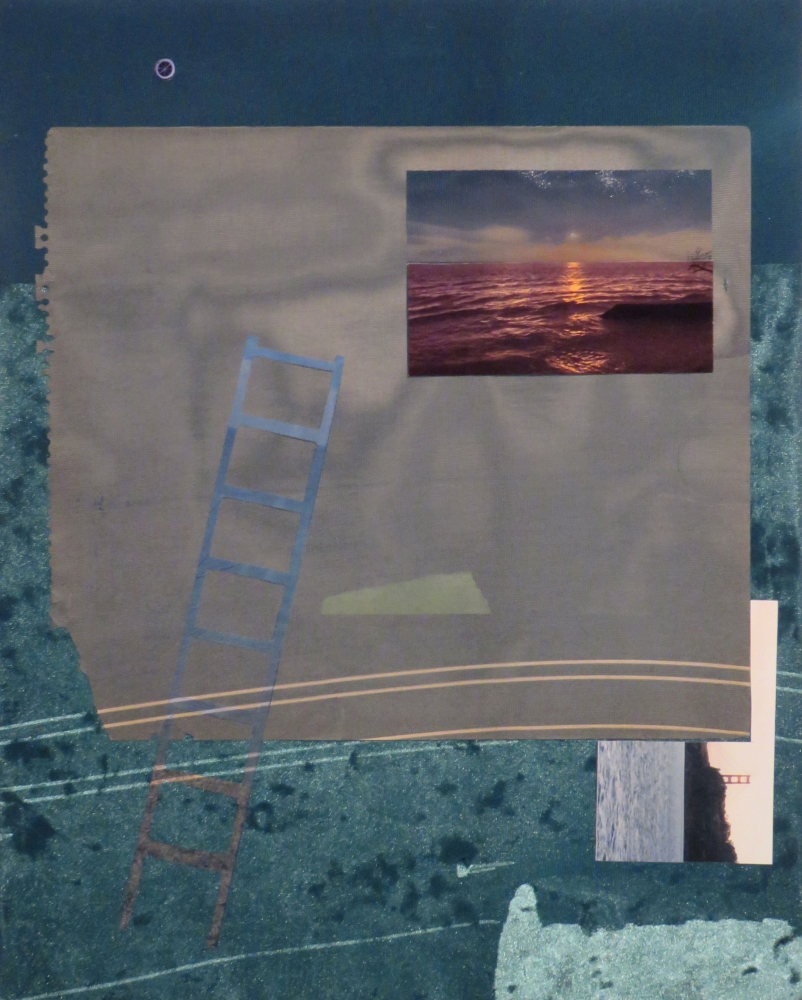 Ladder, Moon, And Bridge  20" x 16"  Velvet, Chiffon, Paper And Photographs