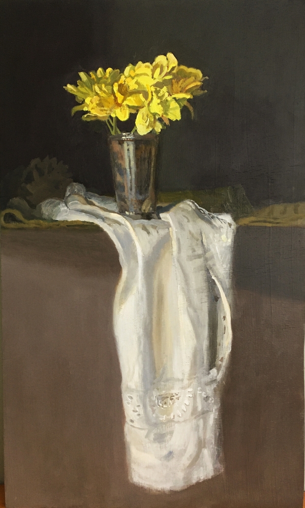 Daffodils In A Silver Goblet  24" x 14.5"  Oil On Panel