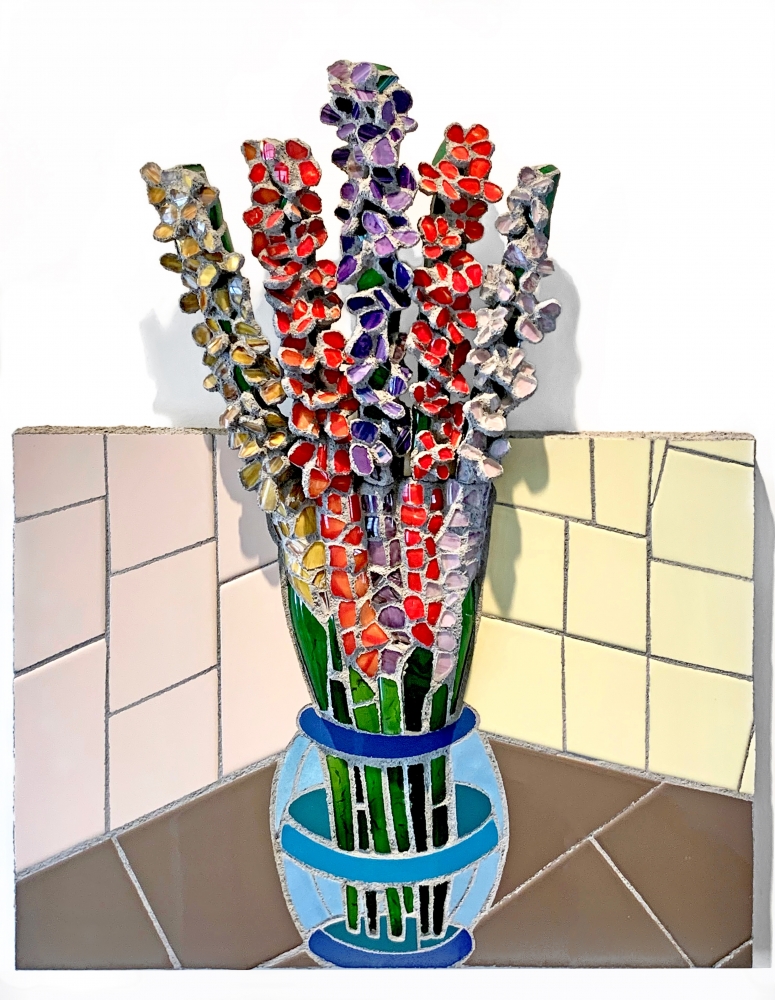 Jonathan Mandell, Gladiolus Bouquet  31" x 24" x 3.5"  Hand Blown Glass Shards And Ceramic Tile Mosaic