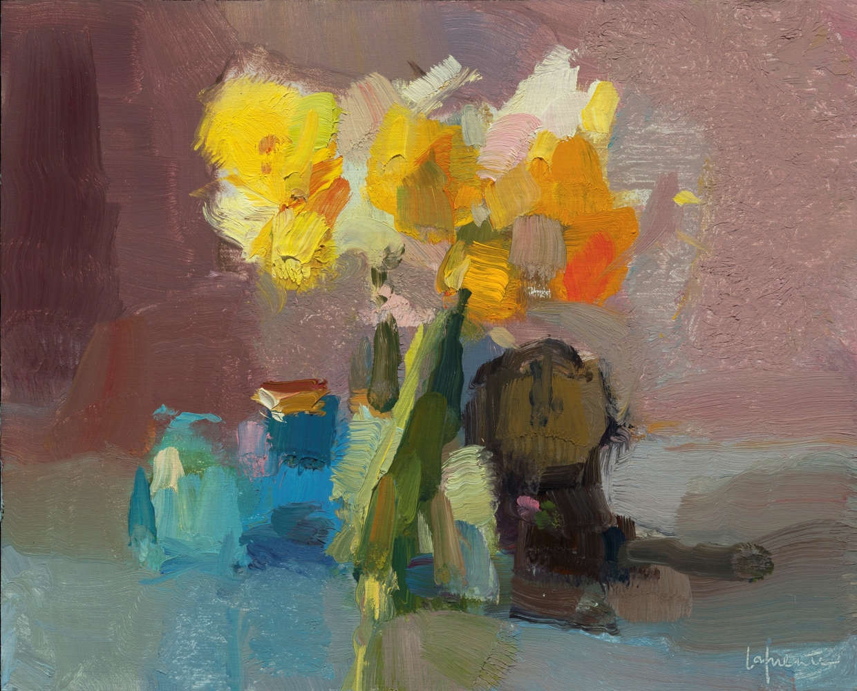 Daffodils, Bottles, And Clock  8" x 10"  Oil On Linen
