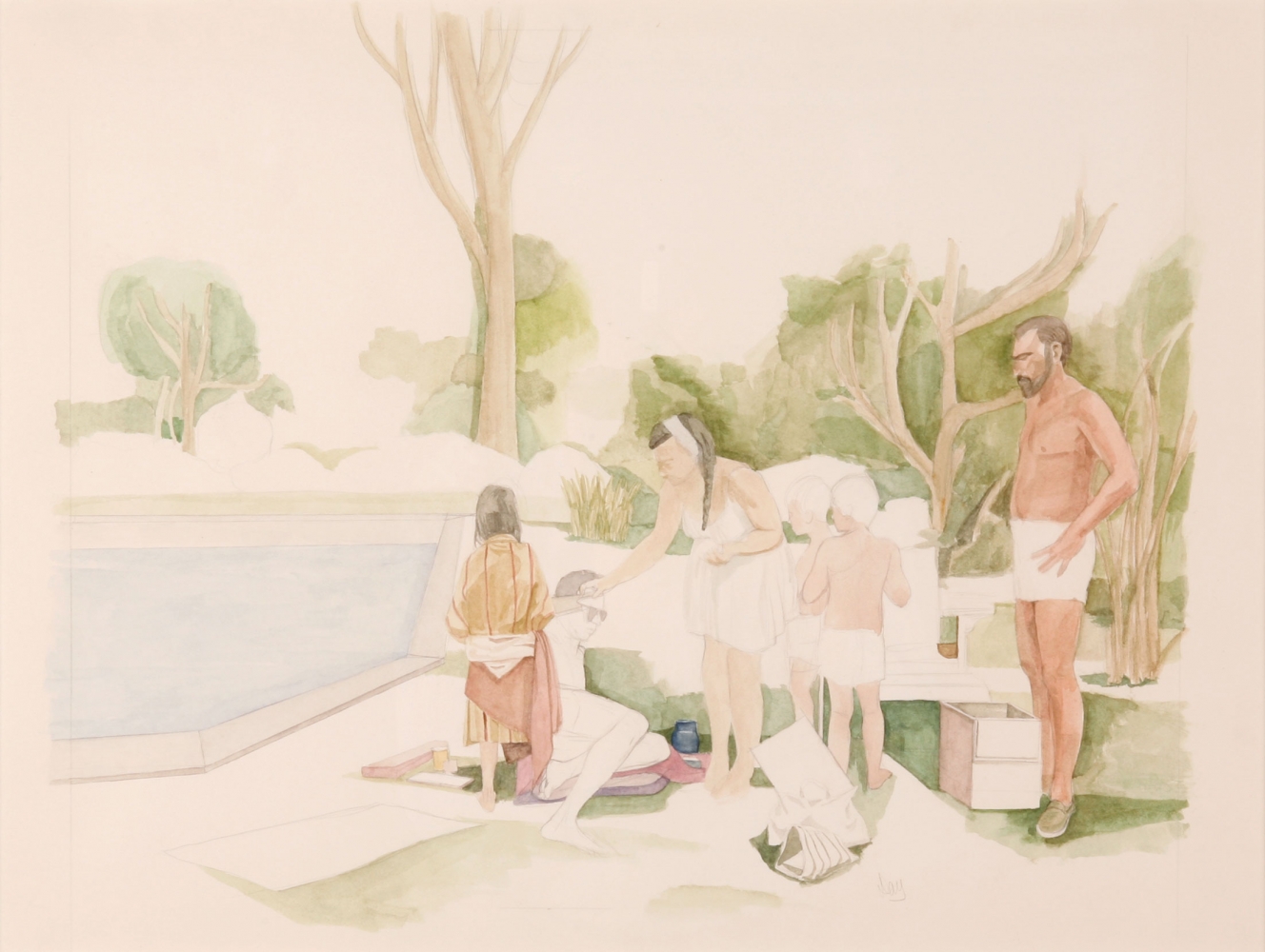 By The Pool I, c. 1968  14.88" x 19.75"  Watercolor And Graphite On Paper