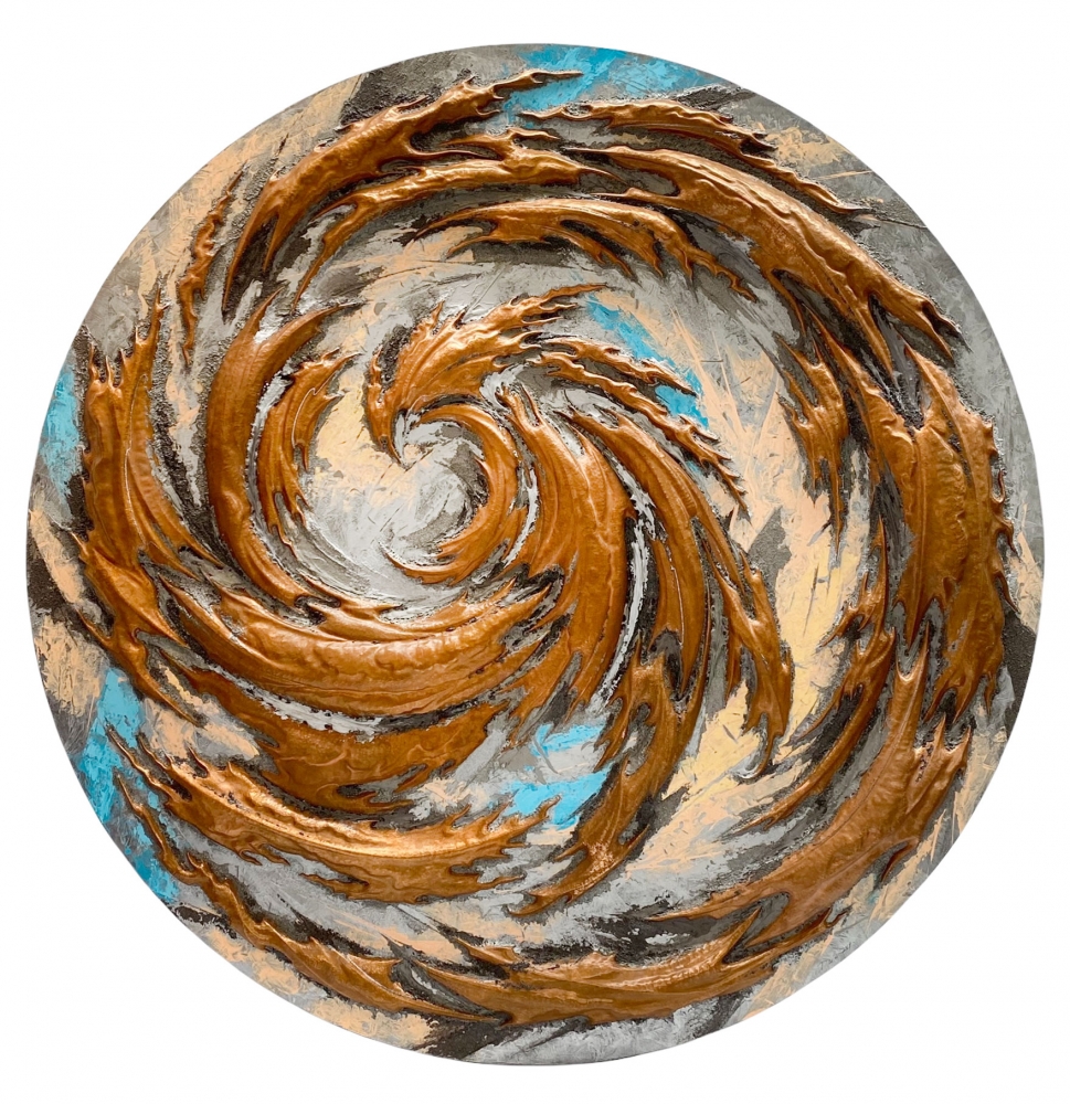 Ardens Mundi 4, Tempestatis  48" Diameter  Copper Repousse Elements, Acrylic And Mineral Particles On Wood Tondo