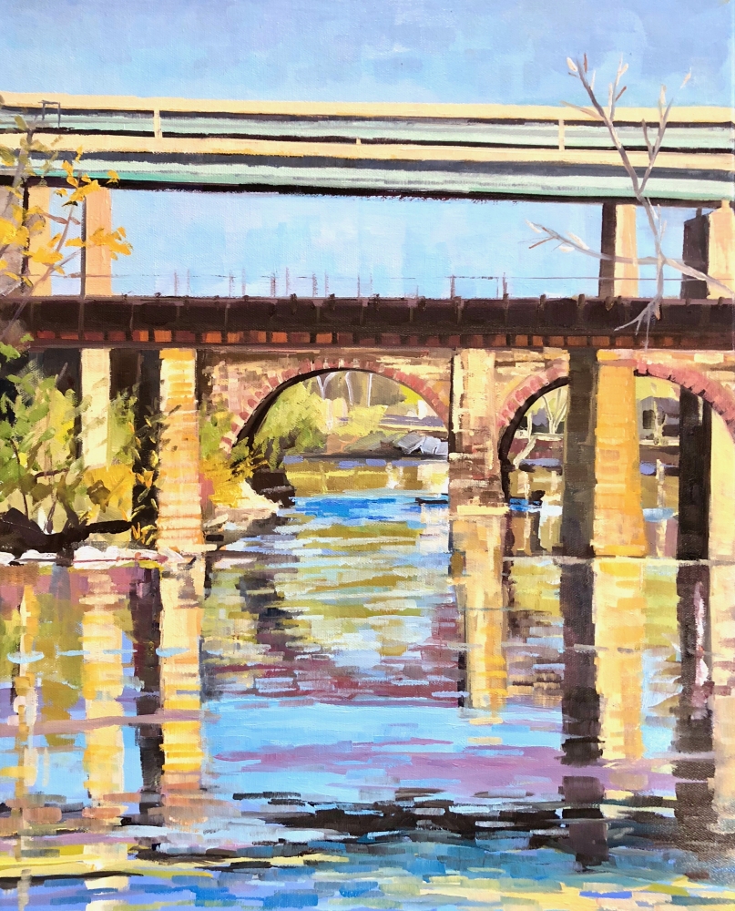 Elaine Lisle, Afternoon Bridge Reflections, 20" x 16"  Oil On Canvas