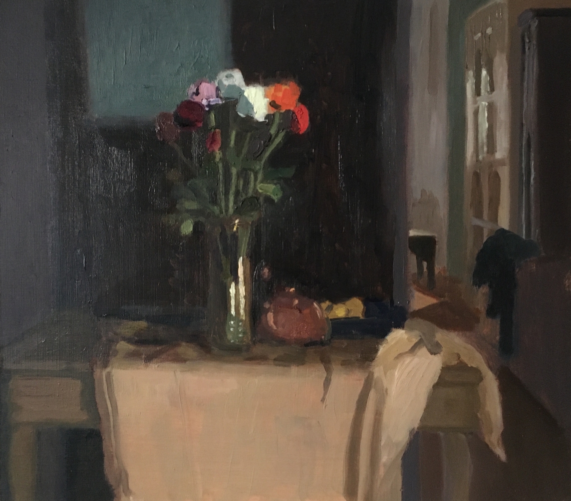 Interior With Flowers & Copper Teapot  12.75" x 14"  Oil On Panel