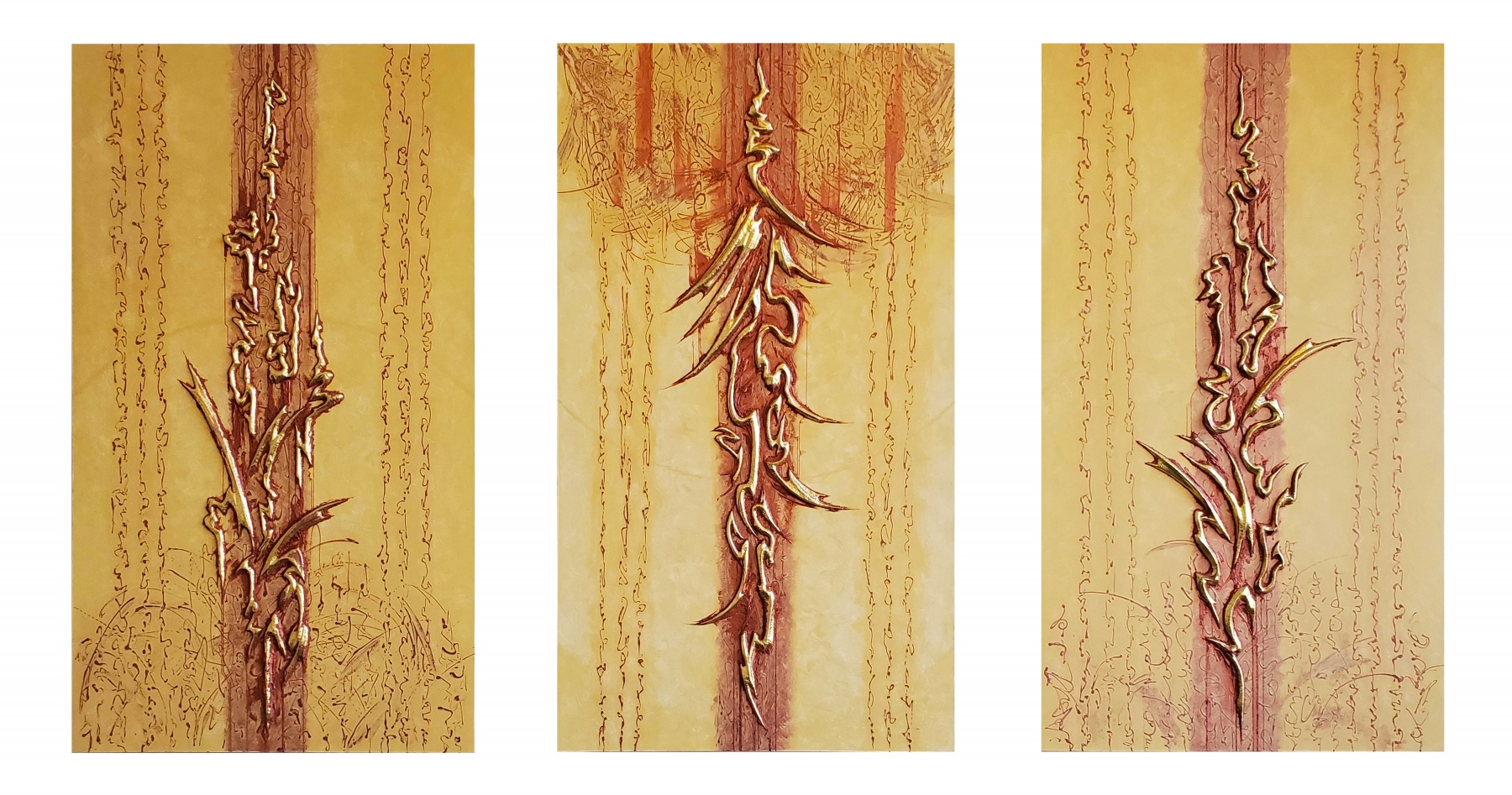 Canto Helios, Triptych  60" x 34" Each  Gilded Copper Repousse, Mineral Particles And Acrylic On Archival Wood Panel