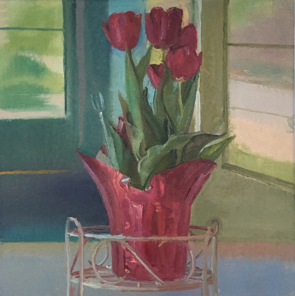 Scott Noel, Red Tulips On The Porch  22" x 20"  Oil On Linen