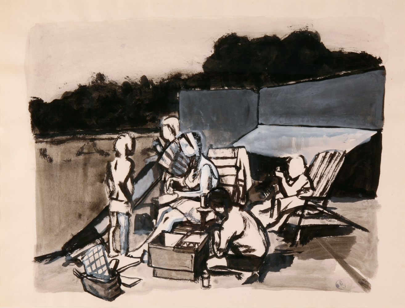 By The Pool III, c. 1968  18" x 24"  Brush And Ink And White Paint On Paper