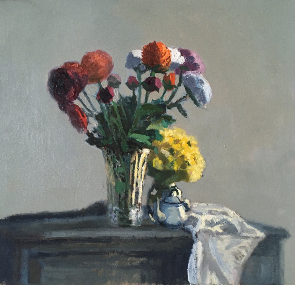 Ranunculus And Yellow Flowers  13" x 14"  Oil On Panel