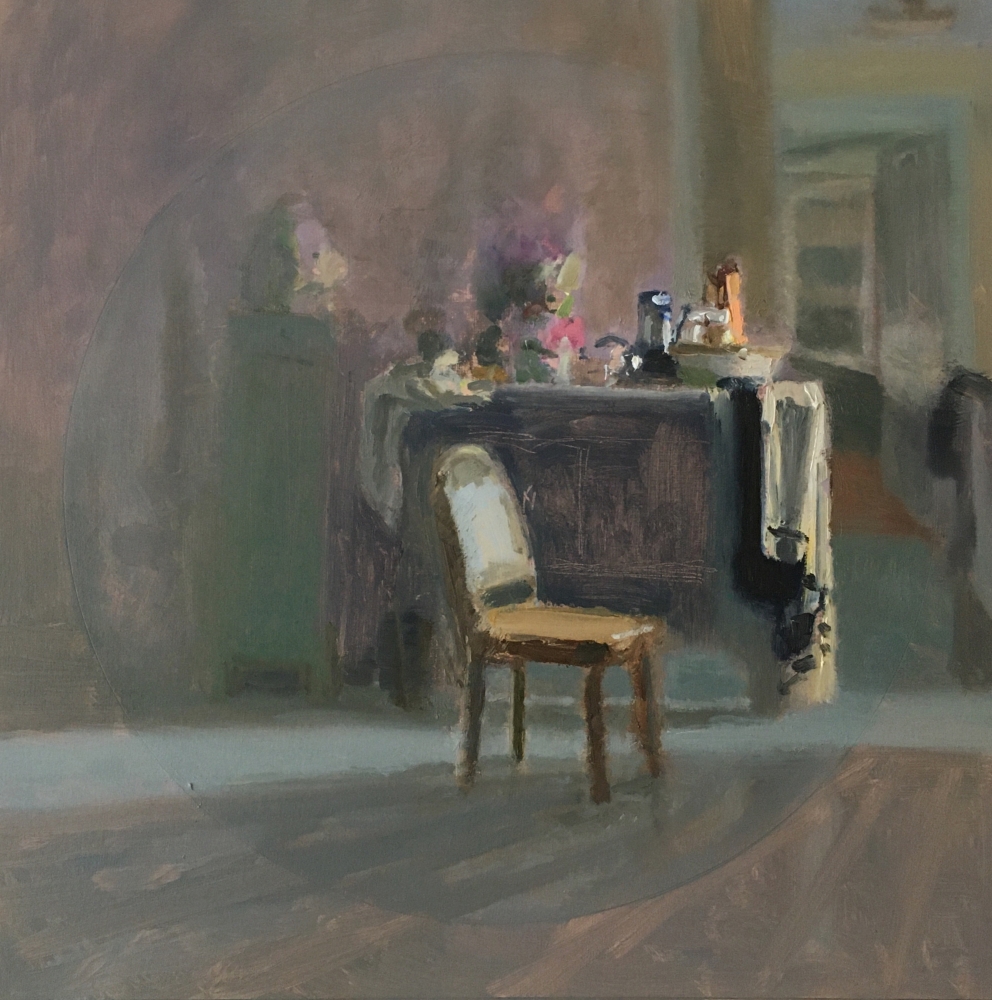 Interior Still Life With Chair And Drapery  14" x 13.75"  Oil On Panel