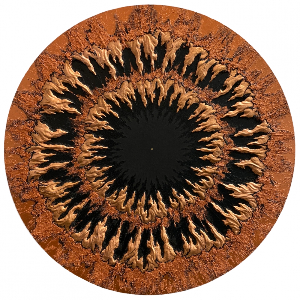 ATMAN 7  36" Diameter   Copper Repousse Elements, 23K Gold, Abraded Acrylic And Mineral Particles On Archival Wood Panel