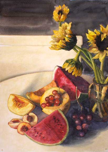 Clustered Fruit And Sunflowers, 41&quot; x 29&quot;, Watercolor