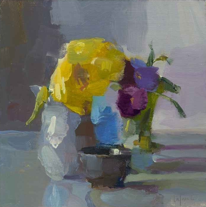 Pansies And Yellow Dahlia, 10&quot; x 10&quot;, Oil On Mounted Linen