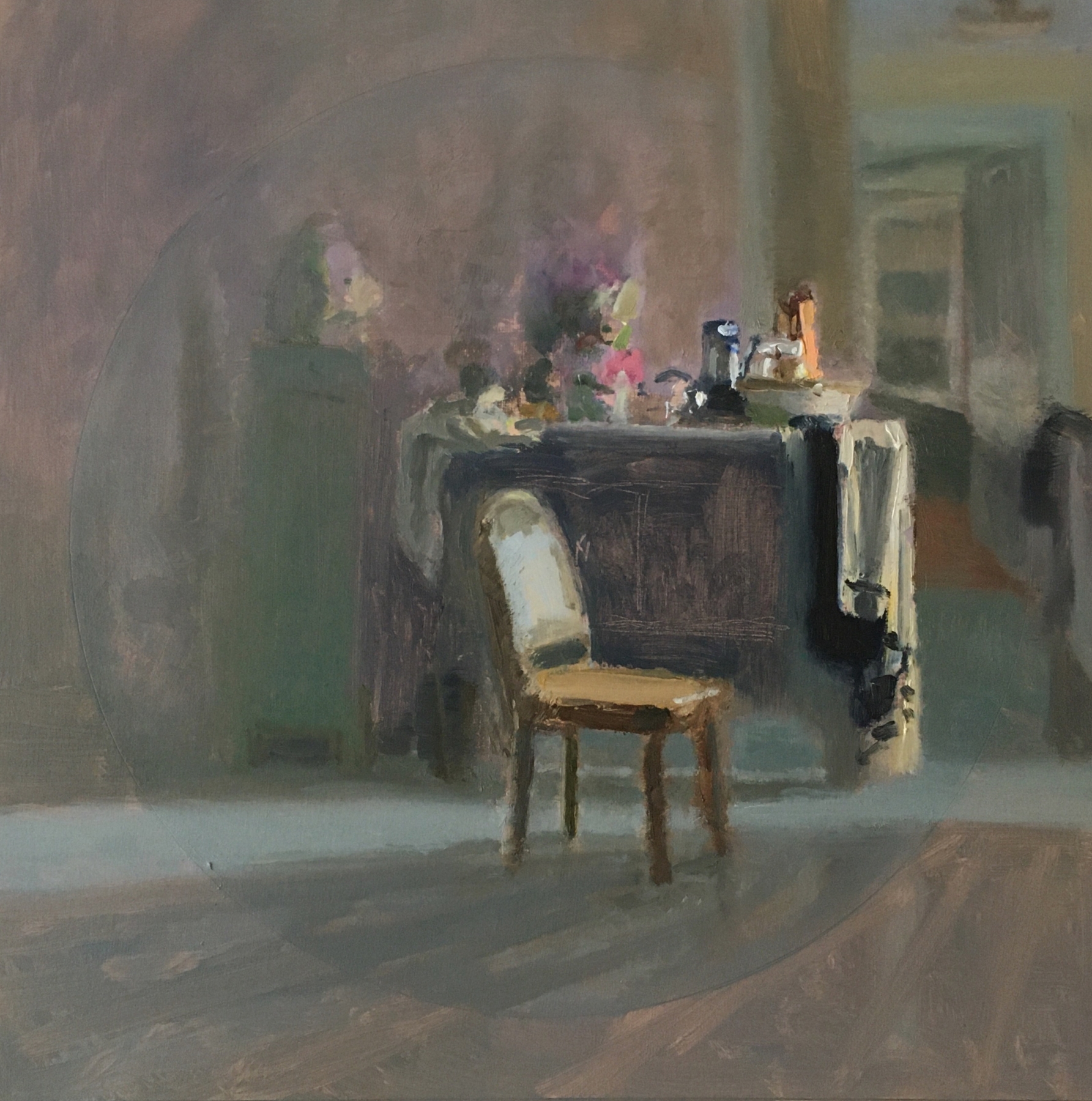 Interior Still Life With Chair And Drapery, 14" x 13.75", Oil On Panel