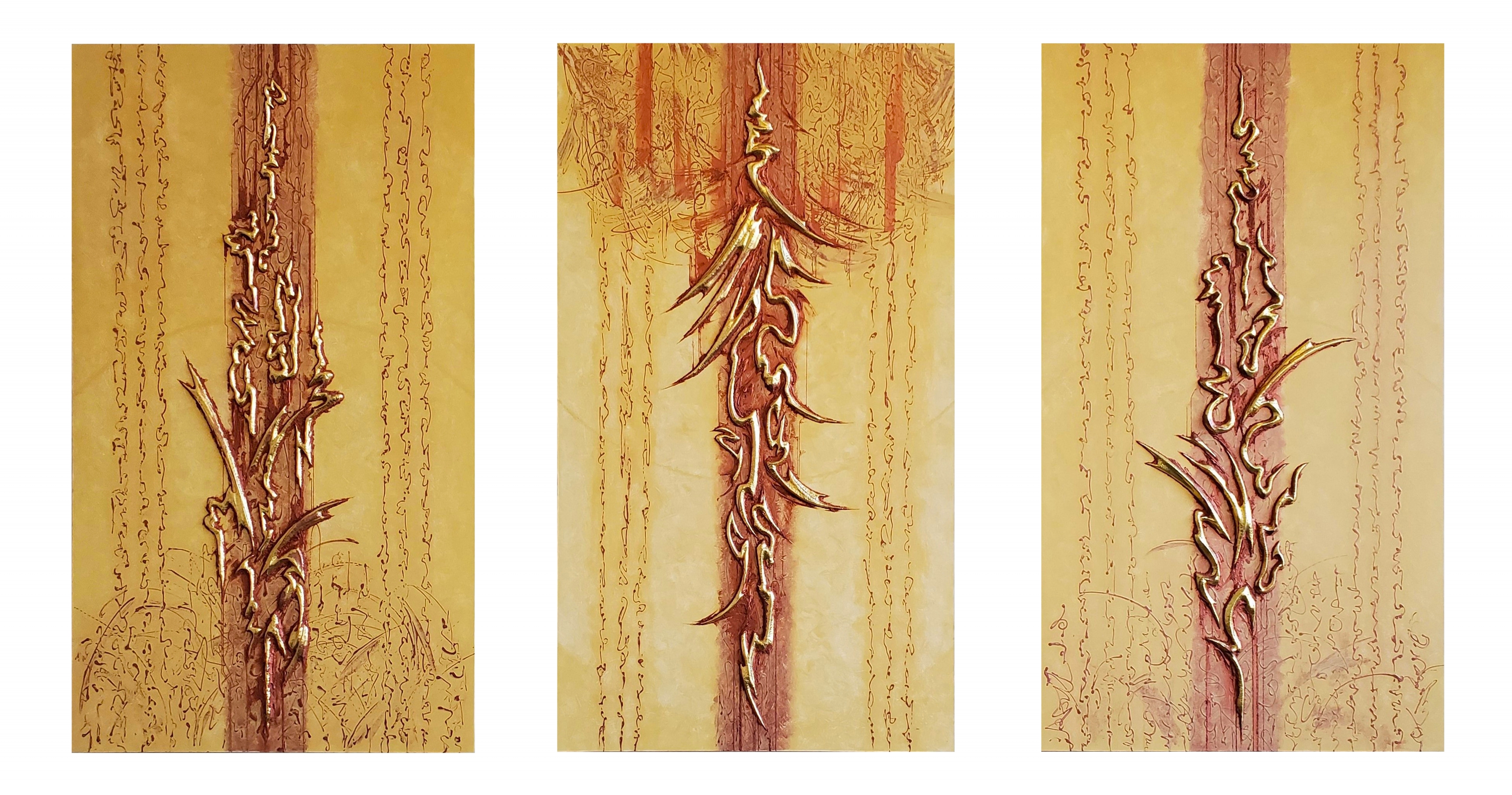 Cantos Helios (Triptych), 60&quot; x 34&quot; (Each), Gilded Copper Repousse Elements, Abraded Acrylic And Mineral Particles On Archival, Cradled Wood Panels
