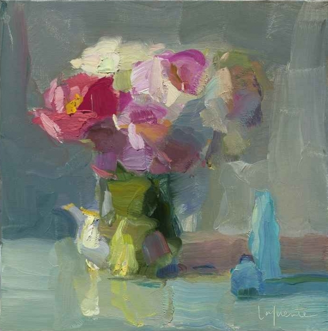 Creamer, Blue Bottles And Peonies, 10&quot; x 10&quot;