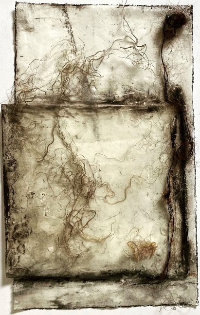 Disturbance (Diptych)  7.5" x 5"  Oil, Fiber, Charcoal, And Thread On Paper