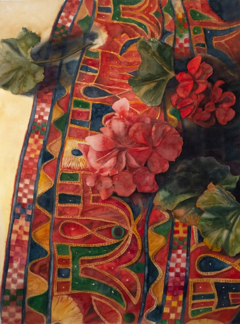Geraniums On Antique Indian Fabric, 40&quot; x 29&quot;