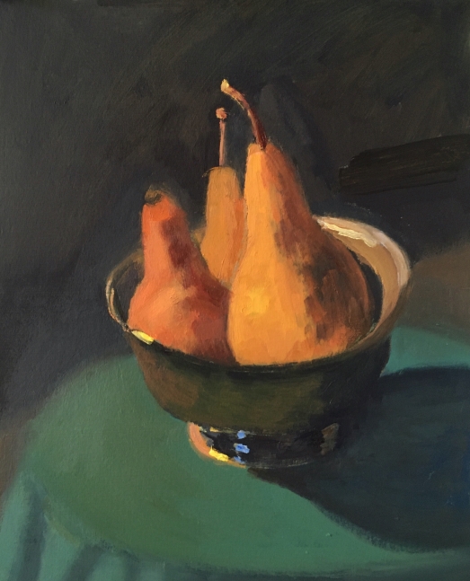 Pears In A Silver Bowl  9.5" x 8"  Oil On Panel