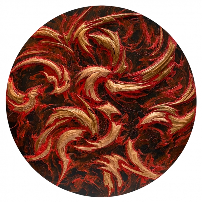 Ardens Mundi 1, Infernos  48" Diameter  Copper Repousse Elements, Acrylic And Mineral Particles On Wood Tondo
