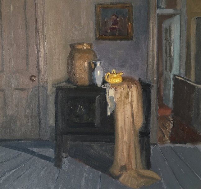 Interior With Water Jug And Teapot   11.5" x 12"  Oil On Panel