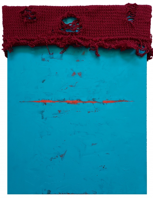 Warren Keyser, Hand Knit Red On Turquoise, 24&quot; x 18&quot;&nbsp;