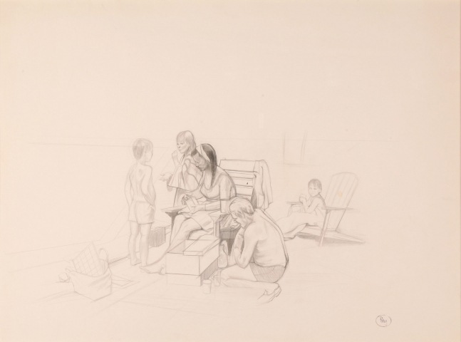 By The Pool II, c. 1968  18" x 24"  Graphite On Paper
