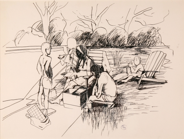 By The Pool V, c. 1968  18" x 24"  Pen And Ink On Paper