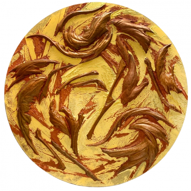 Ardens Mundi 3, Dessico  48" Diameter  Copper Repousse Elements, Acrylic And Mineral Particles On Wood Tondo