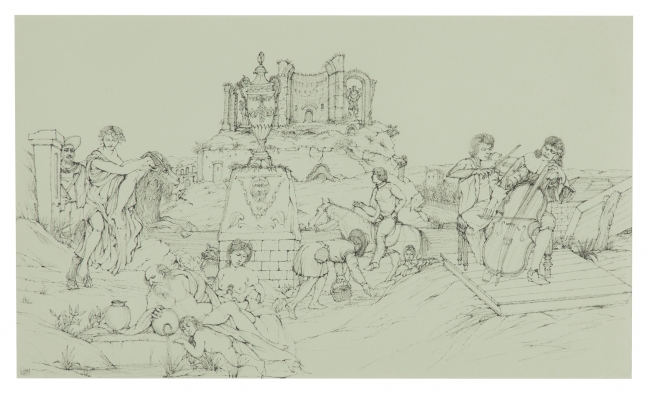 Untitled (Ruins With Violist And Cellist At Right), Mid-1990's  13.13" x 22.25"  Pen And Ink