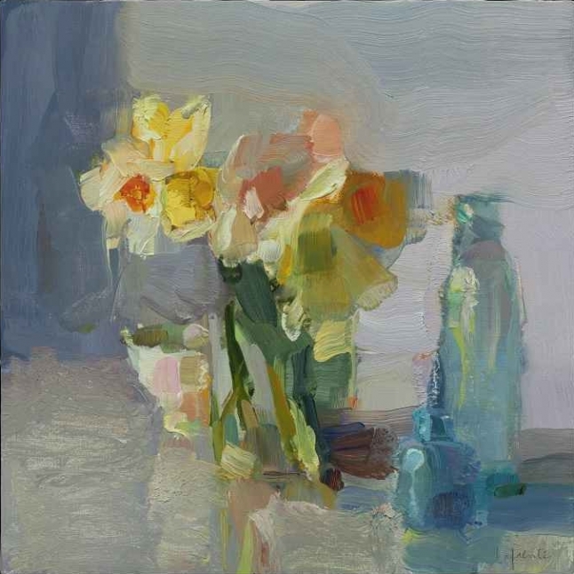 Daffodils And Blue Bottles, 10&quot; x 10&quot;