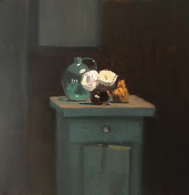 Still Life On A Green Cabinet  12" x 12"  Oil On Panel